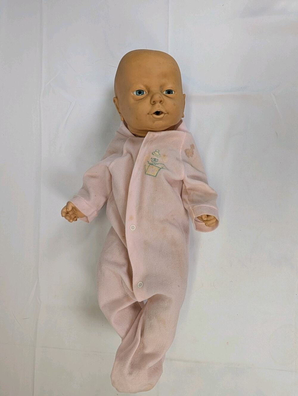 Vintage Emson Newborn Baby Doll Blue Eyes Pink Sleeper 1980s Made in China
